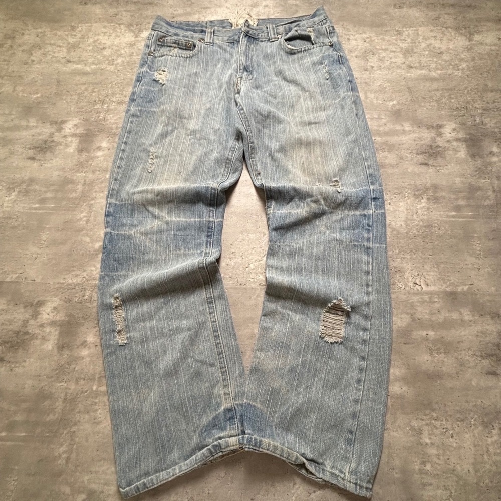 Robin's Jean Distressed Jeans 32 Blue Relaxed Straight Leg Y2K Skater Frayed Hem
